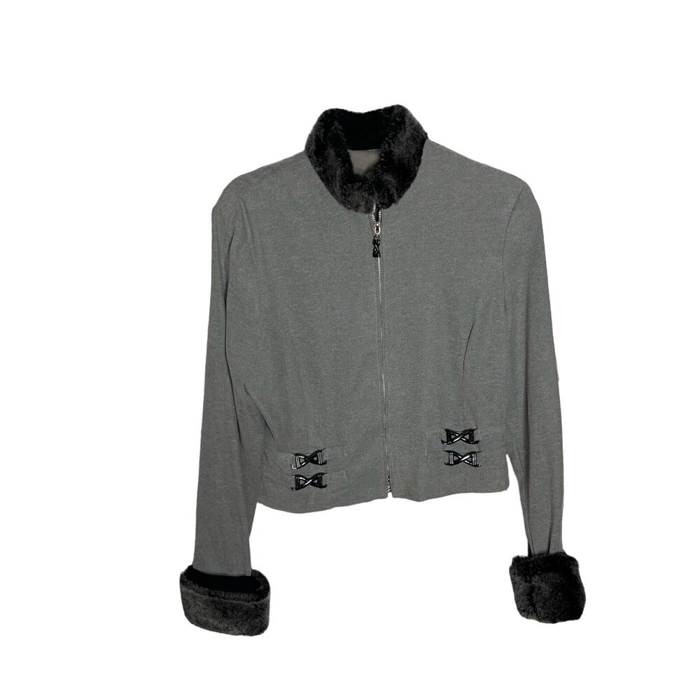 Joseph Ribkoff Cropped Grey Zipper Jacket with Faux Fur On Wrists and Neckline